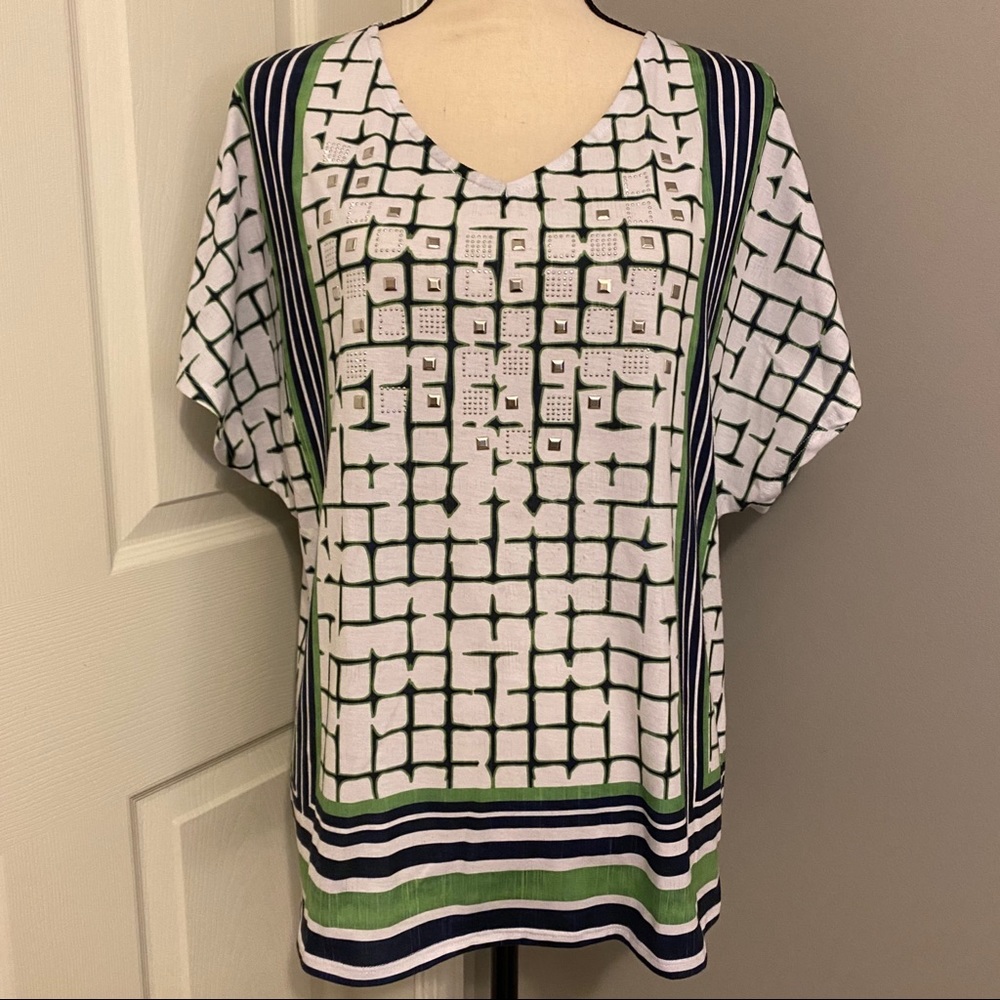 CHICO’S Zenergy Geo Print Embellished Batwing Top